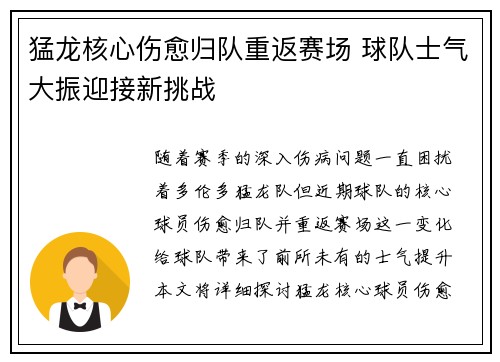 猛龙核心伤愈归队重返赛场 球队士气大振迎接新挑战