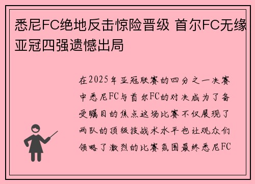 悉尼FC绝地反击惊险晋级 首尔FC无缘亚冠四强遗憾出局